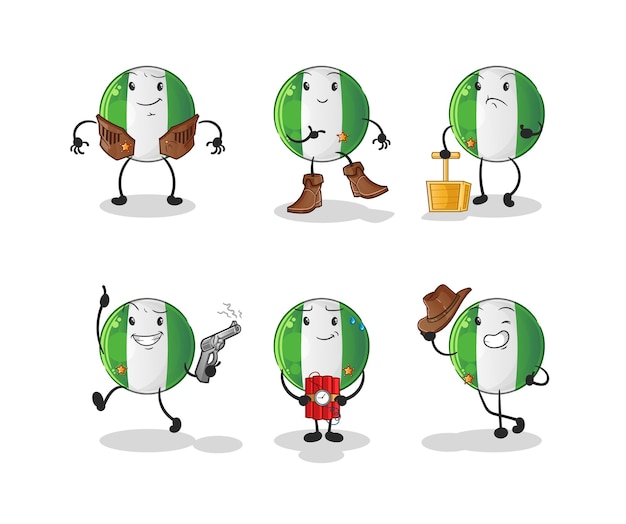 Vector nigerian flag cowboy group character. cartoon mascot vector