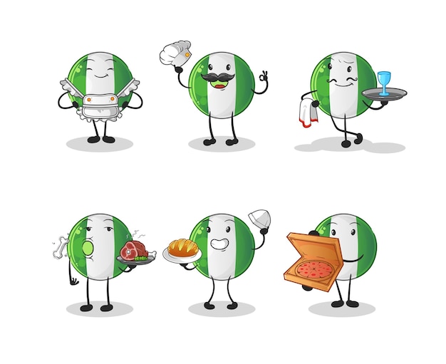 Nigerian flag restaurant group character. cartoon mascot vector