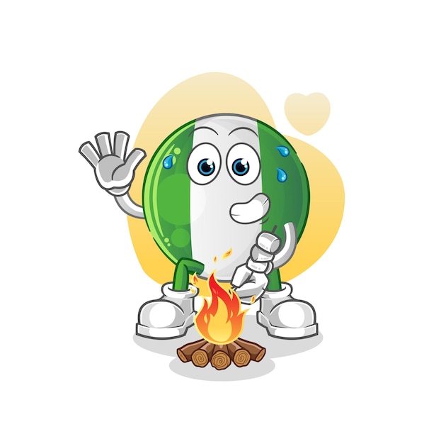 Nigerian flag roasting marshmallows cartoon mascot vector