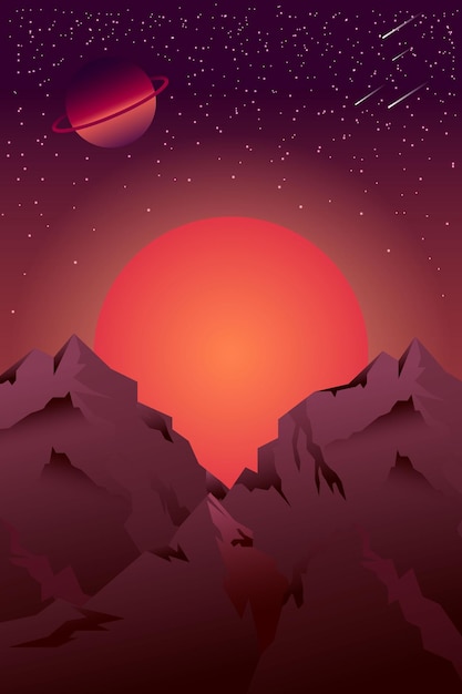 Vector night alien space landscape with mountains and moon vector illustration starry sky