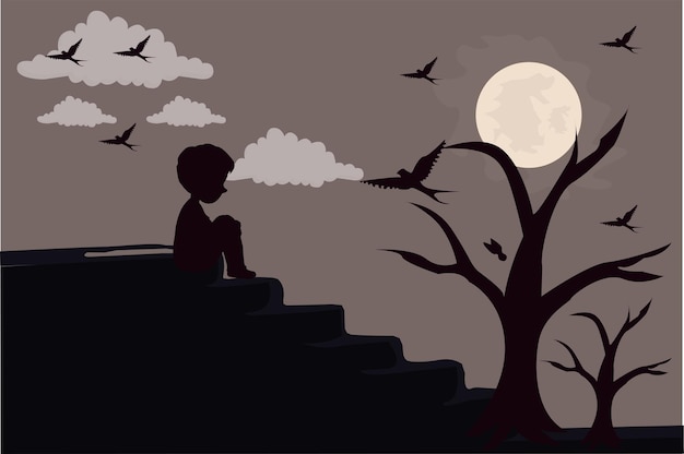 Vector night background tree moon and bird sad boy