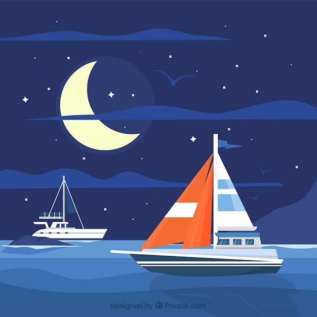 Sfondo di notte con le barche in mare