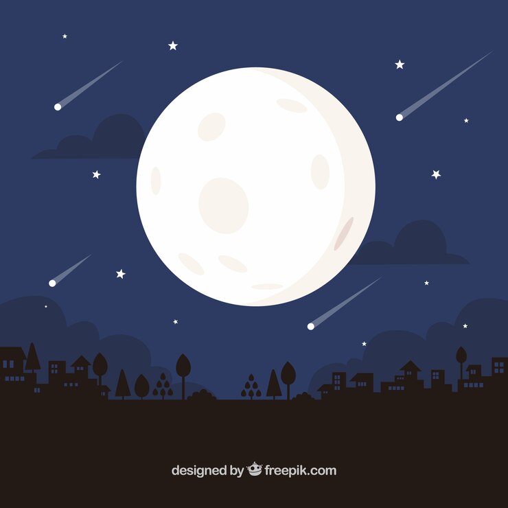 Vector night background with moon and rain of meteorites