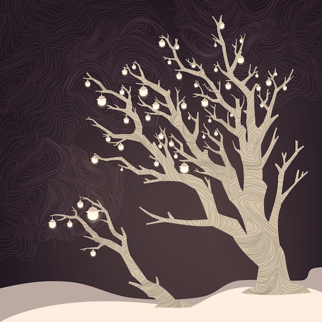 Vector night background with tree and lamps on it.