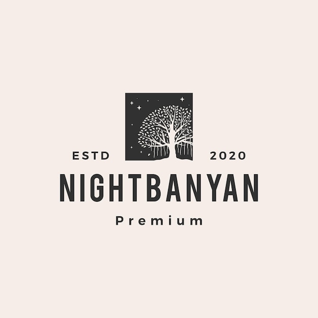 Night banyan tree hipster vintage logo icon illustration