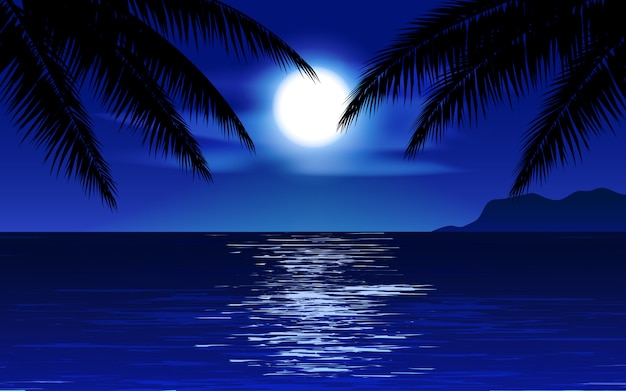 Vettore notte in spiaggia con palme e luna piena