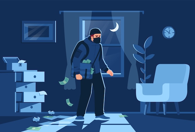 Ночное вторжение болгарии в квартиру полу-иллюстрация. фигура бандита на фоне окна. кража денег и драгоценных украшений мультипликационный персонаж для коммерческого использования