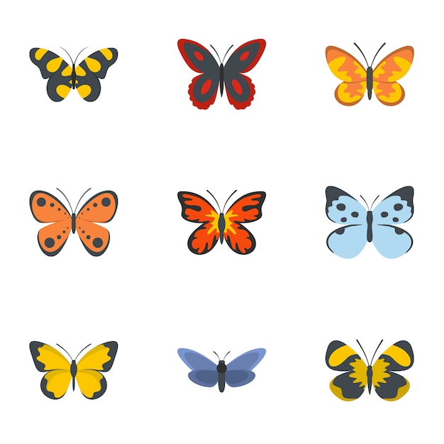 Night butterfly icon set, flat style