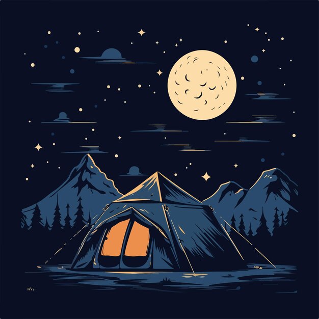 Night camp site under the starry sky flat design