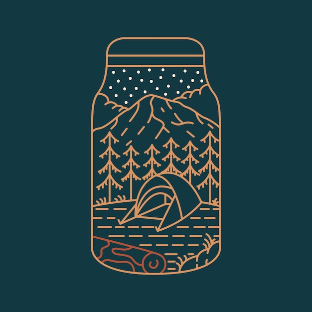 Night Camping Tent in the Woods with Mountains and Stars Background in a Jar