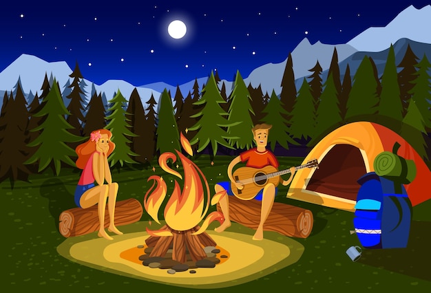 Night camping vector illustration. Cartoon flat happy couple campers people sitting at campfire together, singing song, playing guitar in forest mountain nature landscape