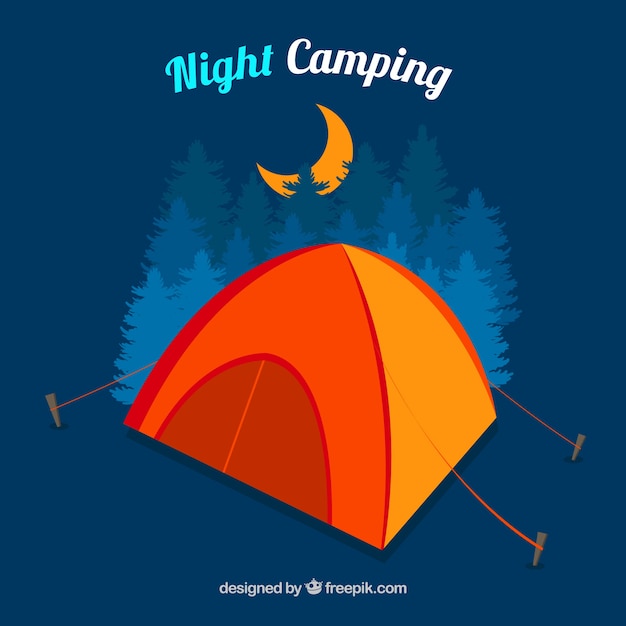 Vector night camping with an orange camping tent