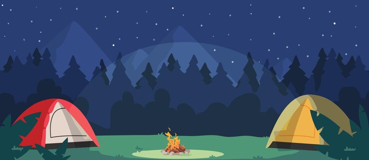 Vector night camping with tents and campfire tourist place in dark forest cozy traveler halt on nature landscape with trees