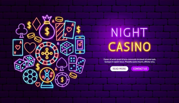 Disegno dell'insegna al neon del casinò notturno. illustrazione vettoriale di promozione del gioco.