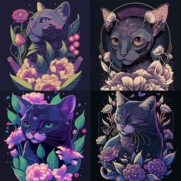 Vector night cats with blossoming flowers. vector illustration. anime cartoon style set.