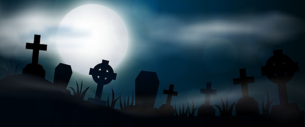 Night cemetery, crosses, tombstones and graves, horizontal banner. Colorful scary Halloween illustration. 