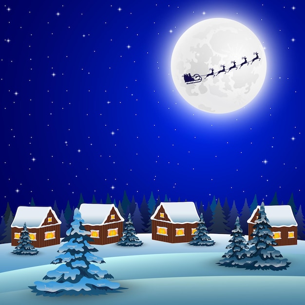 Night christmas forest landscape Santa Claus flies reindeer in the background of the moon