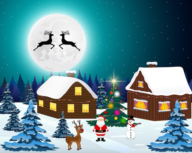 Night christmas forest landscape santa claus with reindeer and a snowman the christmas tree