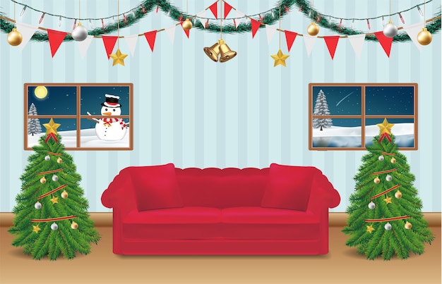 Vector night christmas party room decorated background