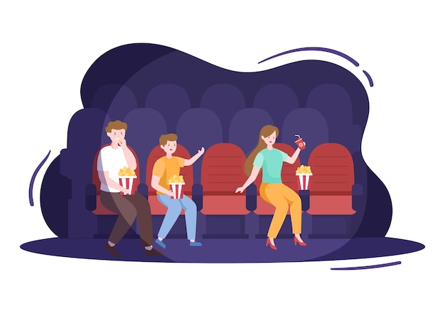 night cinema movie premiere screen with friends sitting together on red chairs watching a film in flat design background illustration