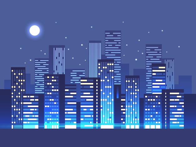 Night city background silhouette with stars and moon at the sky