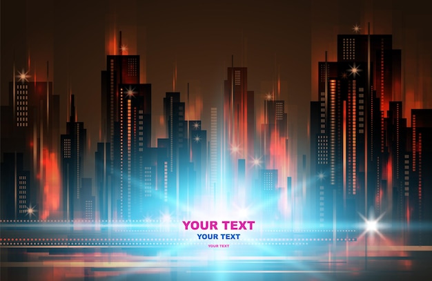 Vector night city background with glowing lights vector illustration