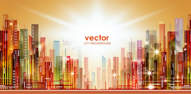 Vector night city background with glowing lights