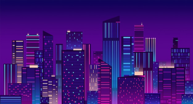 Вектор Ночной город. красочный нью-йорк городской. современная панорама городского пейзажа