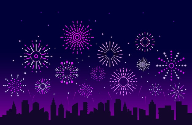 Vector night city fireworks. festive christmas pyrotechnics firecrackers with urban skyline. xmas party festival salutes