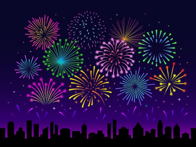 Vector night city fireworks firework festival scene summer celebrate new year holiday landscape town silhouette and show in sky carnival tidy vector background