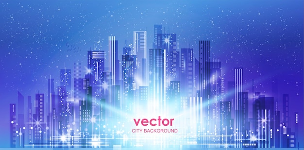 Иллюстрация ночного города с неоновым свечением и яркими цветами, иллюстрация с архитектурой небоскребов, зданий мегаполиса в центре города