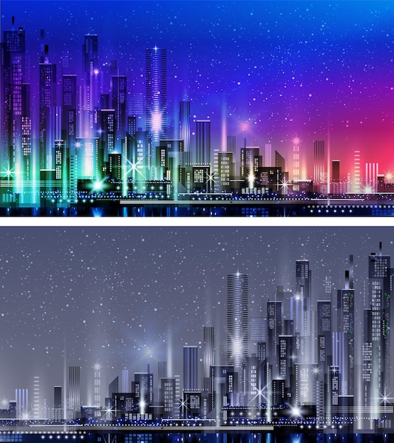 Vector night city illustration with neon glow and vivid colors illustration with architecture skyscrapers megapolis buildings downtown