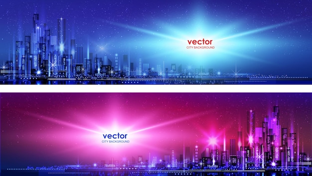 Vector night city illustration with neon glow and vivid colors illustration with architecture skyscrapers megapolis buildings downtown