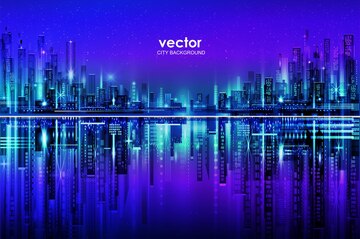 Neon cityscape wallpaper with purple and blue hues