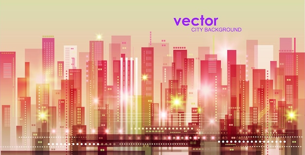 Vector night city illustration with neon glow and vivid colors