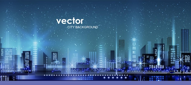 Vector night city illustration with neon glow