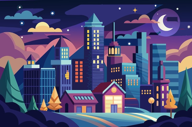 Вектор Ночной город пейзаж мультфильм вектор иллюстрация концепция художественного произведения плоского стиля