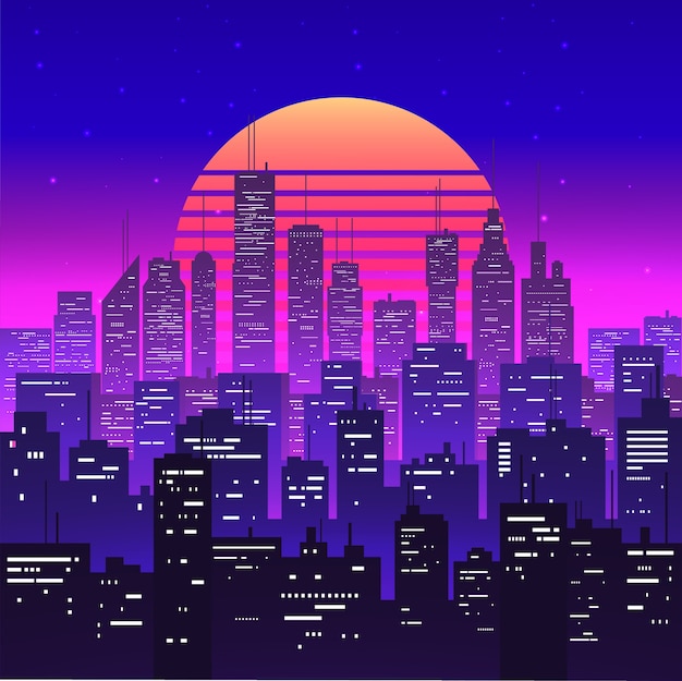 보라색 네온 retrowave 또는 vaporwave 미적 일몰에서 밤 도시 풍경. 고층 빌딩 실루엣. 황혼 풍경. 빈티지 스타일.