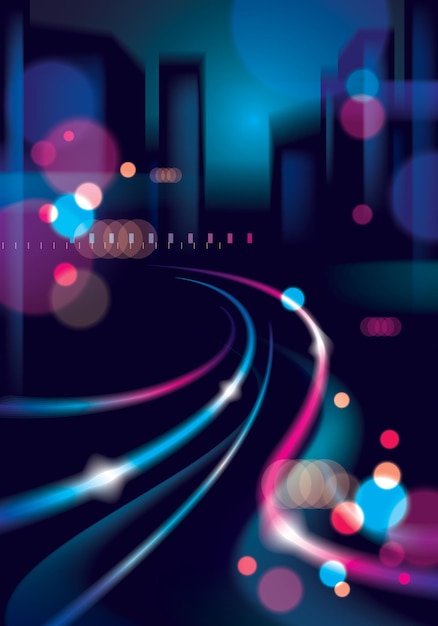 Vector night city life with street lamps and bokeh blurred lights. effect vector beautiful background. blur colorful dark background with cityscape, buildings silhouettes skyline.