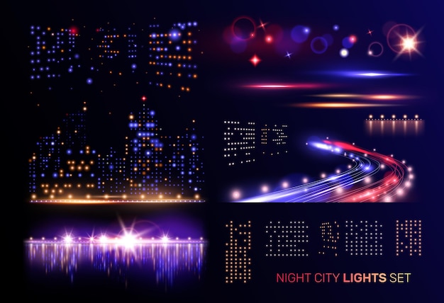 Vector night city lights set with flashing windows of high buildings motorway car headlights and river bridges vector illustration