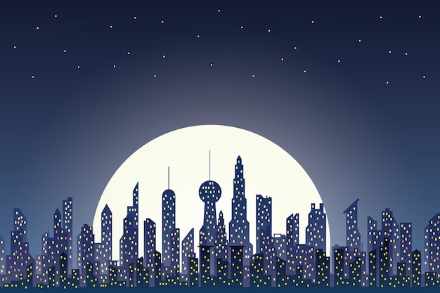 Vector night city and moon