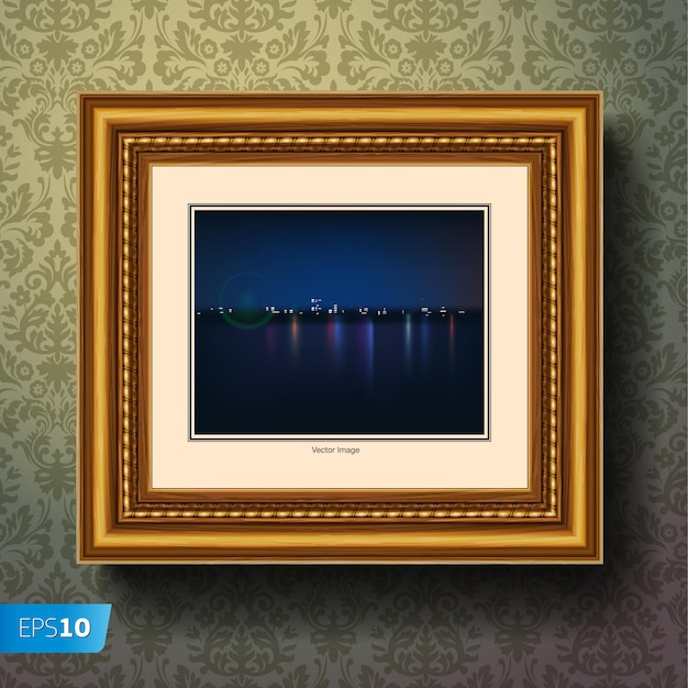 Night city painting or picture in image frame on a wall vector illustration