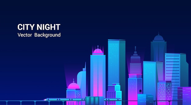 夜の街のパノラマ。明るく輝くネオンの紫と青のライトと暗い背景の街並み。広い高速道路の側面図。