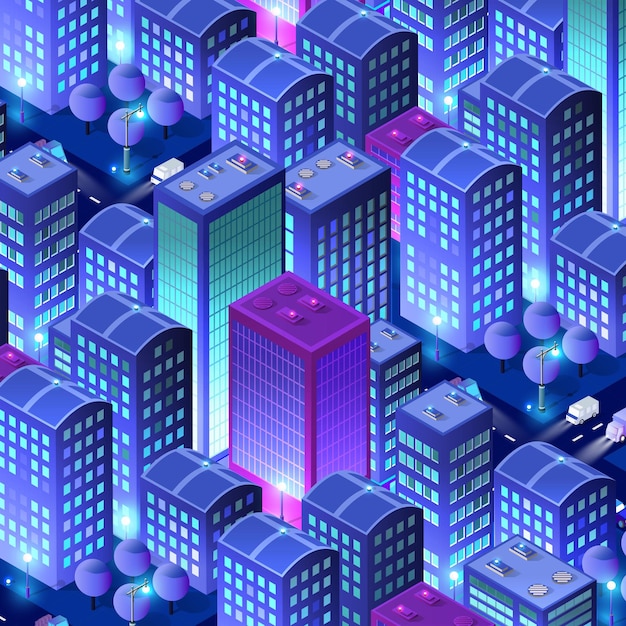 Vector the night city people background 3d illustration neon ultraviolet