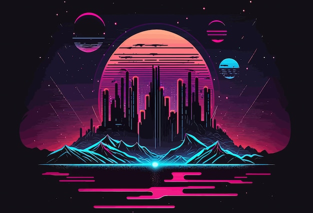 Vector night city poster in neon style vintage wallpaper futuristic night city cyberpunk rocks landscape space game street futurism bright design creative concept vector illustration