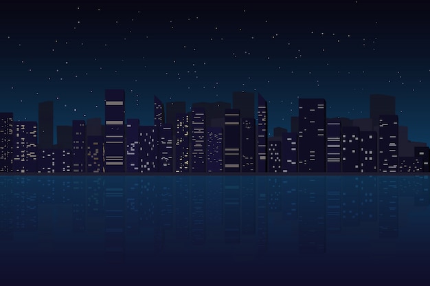 Вектор Ночной город небоскребов фон, мегаполис, силуэт, иллюстрация с архитектурой