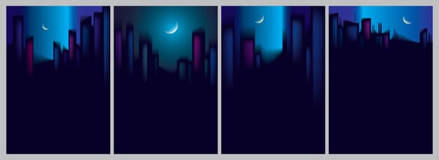 Night city skyscrapers silhouettes skyline vector illustrations set. Perfect minimal backgrounds with copy space for text.