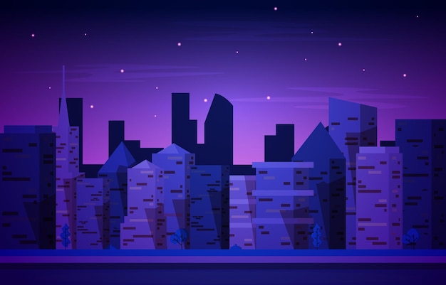 Vector night city urban skyscraper building cityscape view flat design illustration