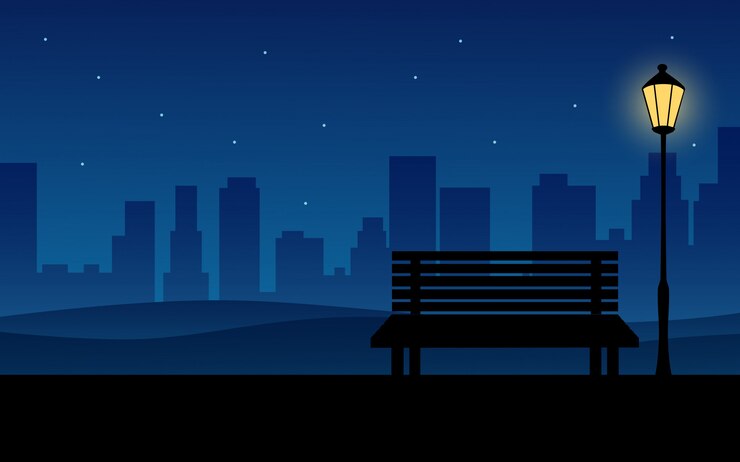 Vector night in city with bench in public park