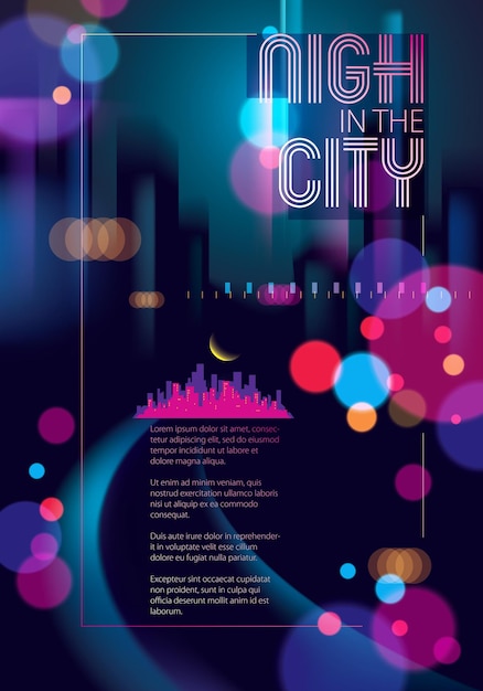 Città di notte con luci sfocate bokeh texture illustrazione vettoriale. sfoca lo sfondo scuro colorato con paesaggio urbano, skyline di sagome di edifici. modello di brochure, volantino, copertina, poster o guida.